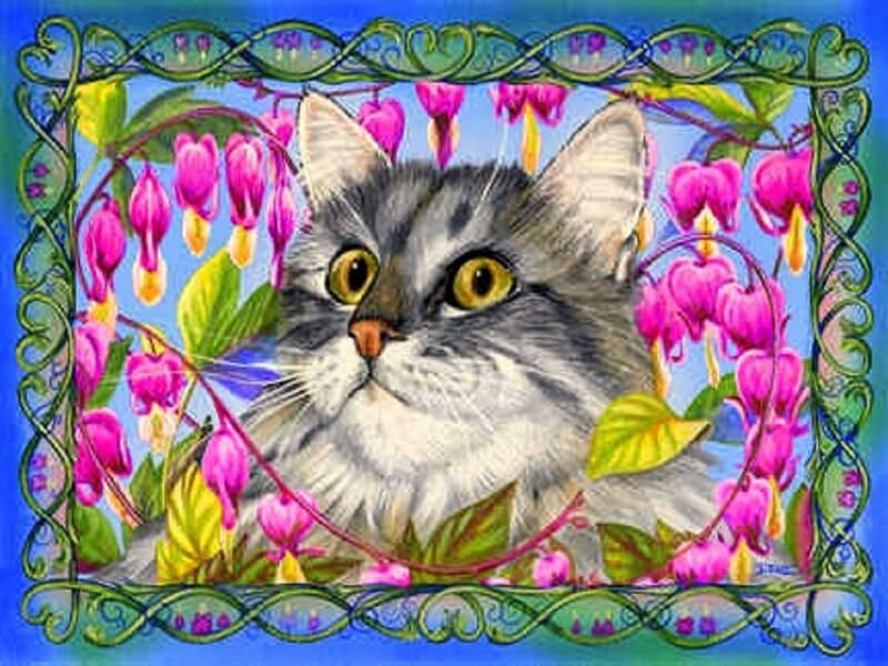 Gray Cat in Flowers — Blue