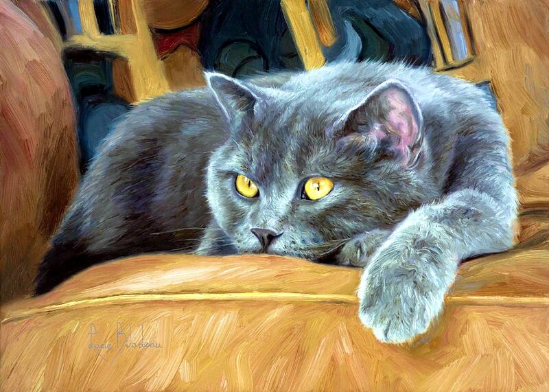 Gray Cat on Couch — Calm, Painting
