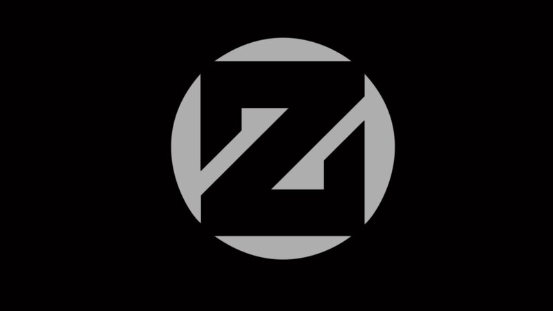 gray circular logo on black