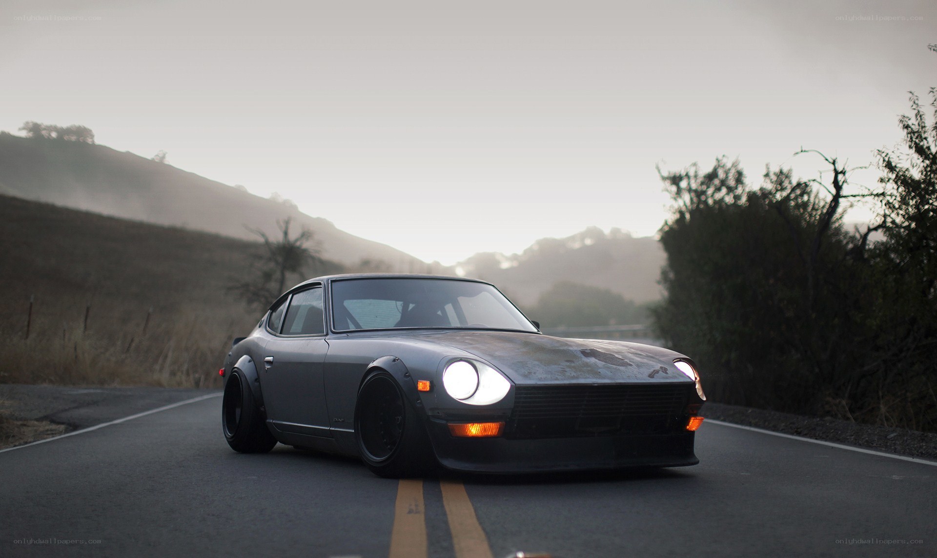 gray datsun on a winding road