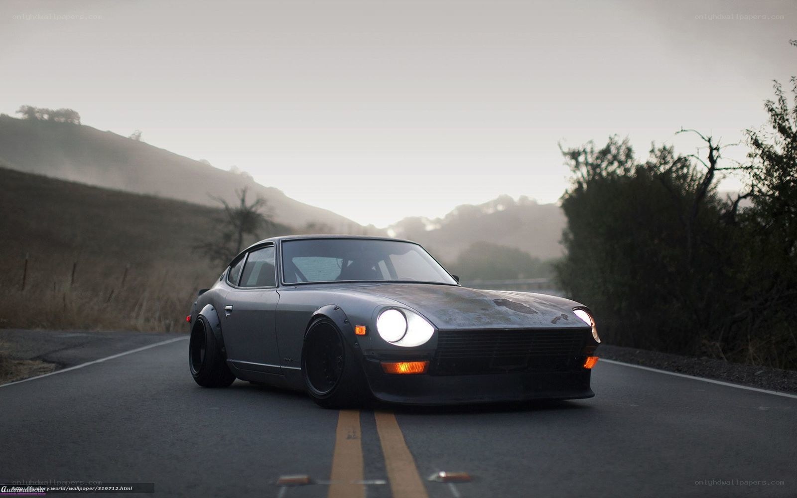 gray datsun on country road