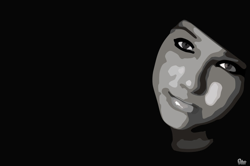 gray face on black background
