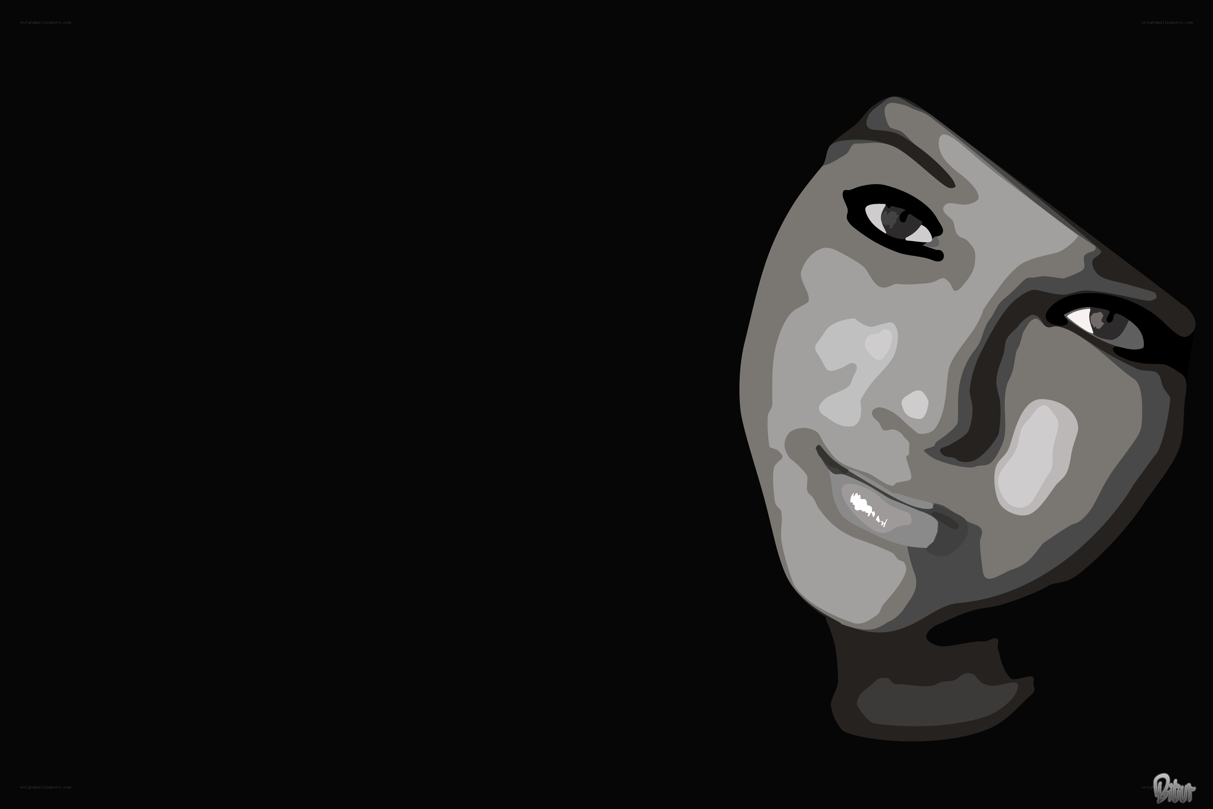 gray face on black background