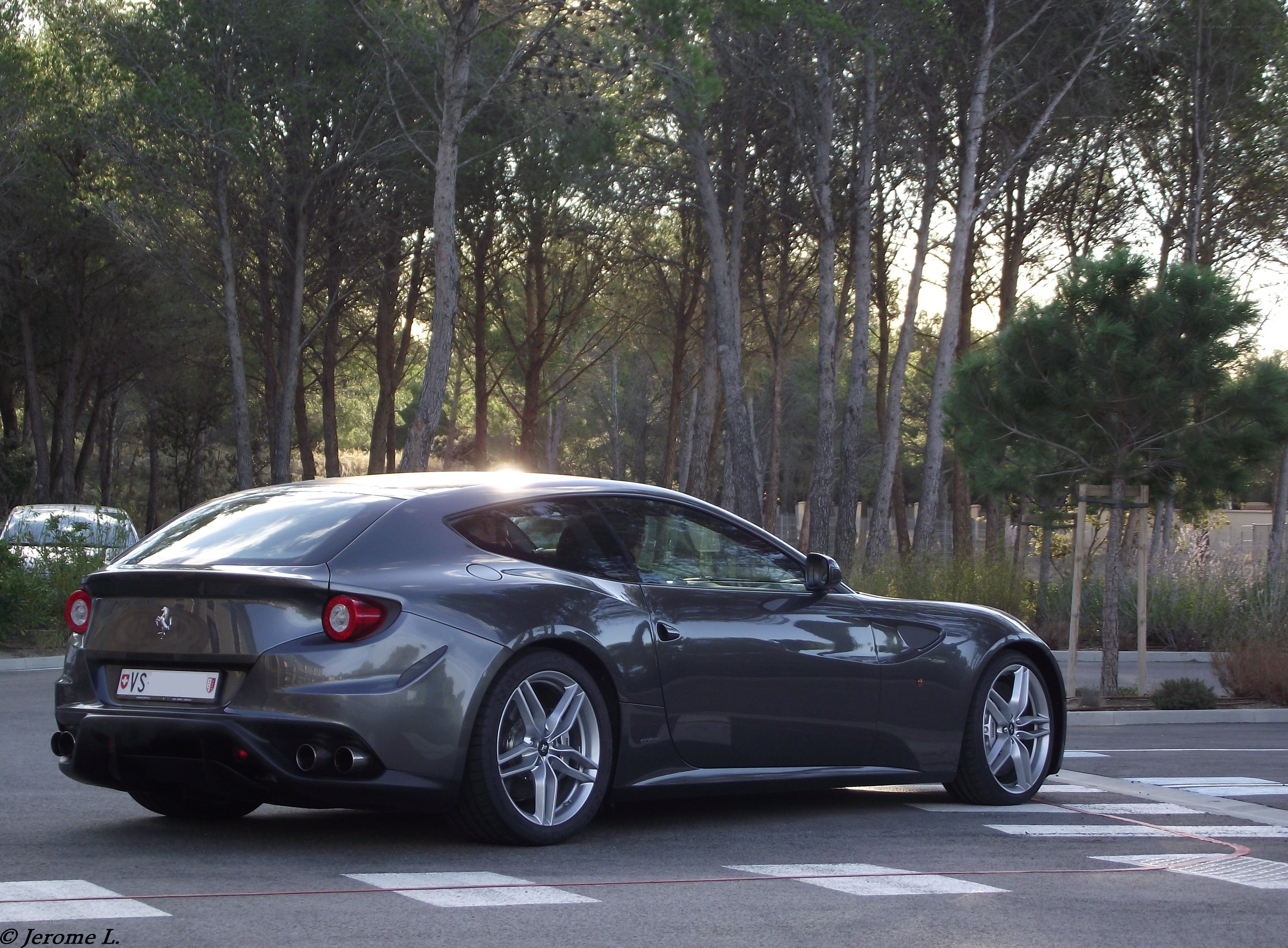 Gray Ferrari FF parked in forest