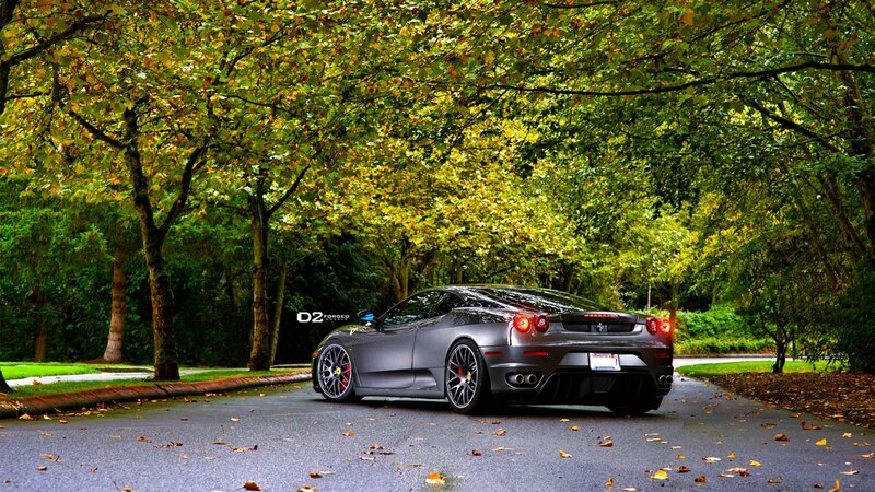 gray ferrari on tree-lined road