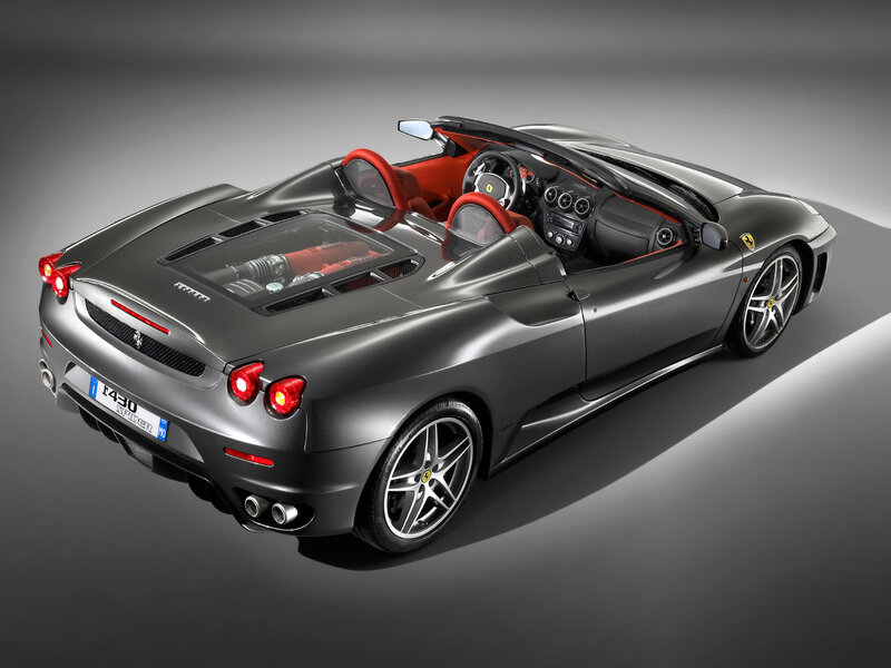 Gray Ferrari Spider — Dramatic, Photograph, Red Interior, Convertible Top, Engine Cover