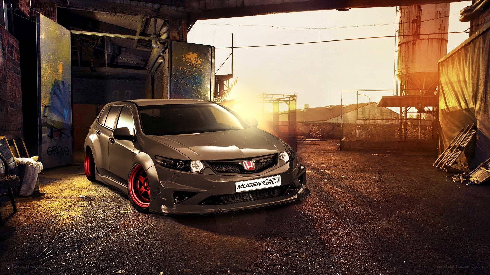 gray honda civic with red wheels
