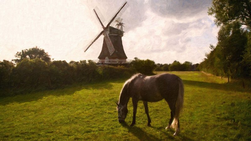 Gray Horse Grazing — Green, Serene, Afternoon, Painting