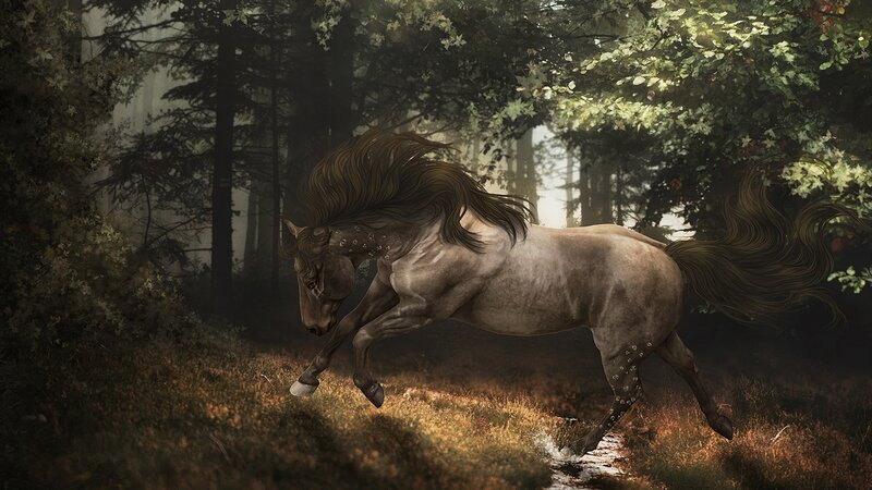 Gray Horse Running — Brown, Dramatic