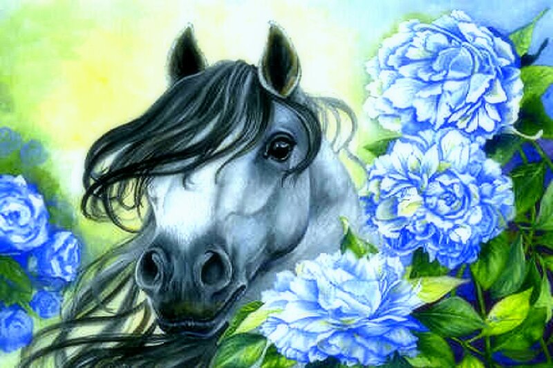 Gray Horse with Blue Flowers