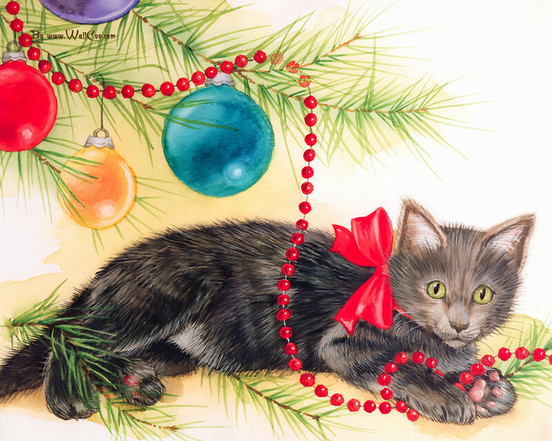 Gray Kitten with Bow — Festive, Winter