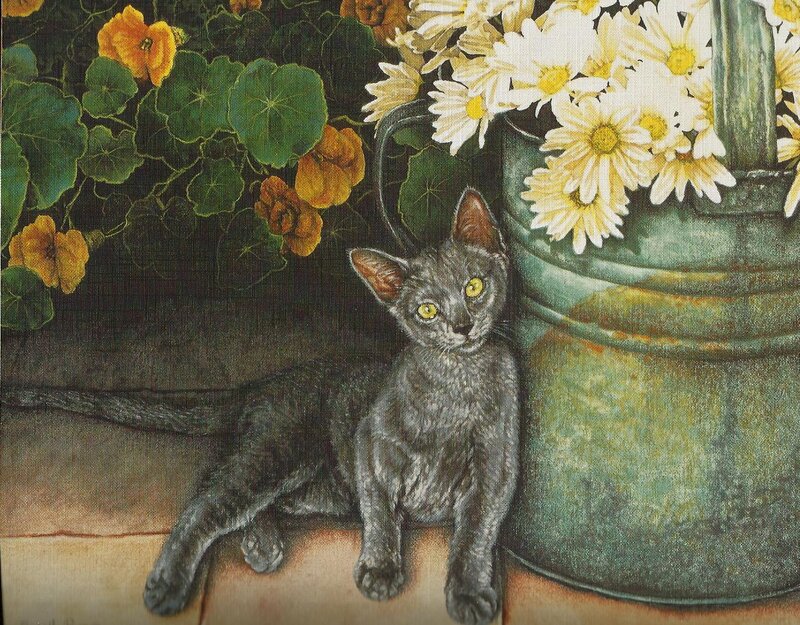 Gray Kitten with Flowers — Calm, Painting