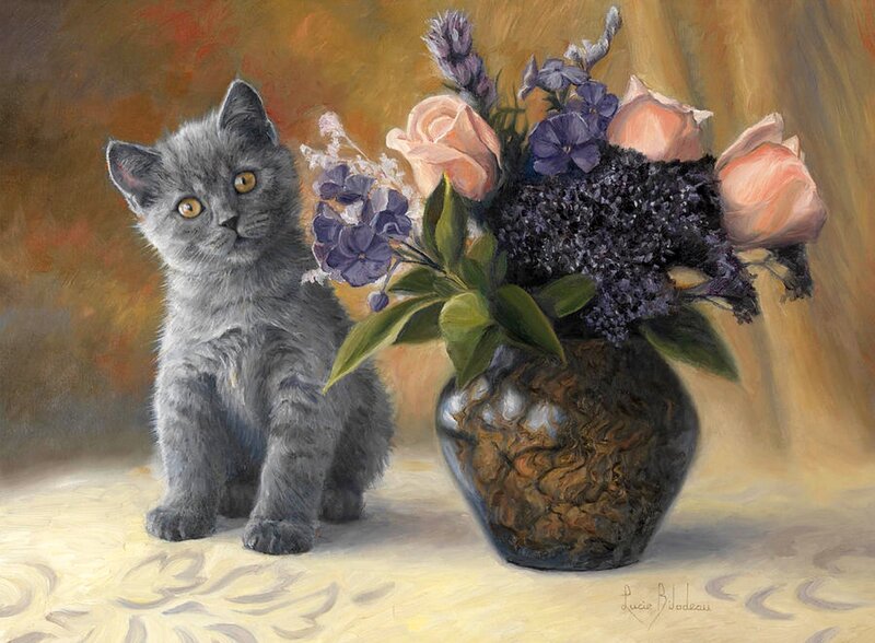 Gray Kitten with Flowers — Calm, Painting, Vase