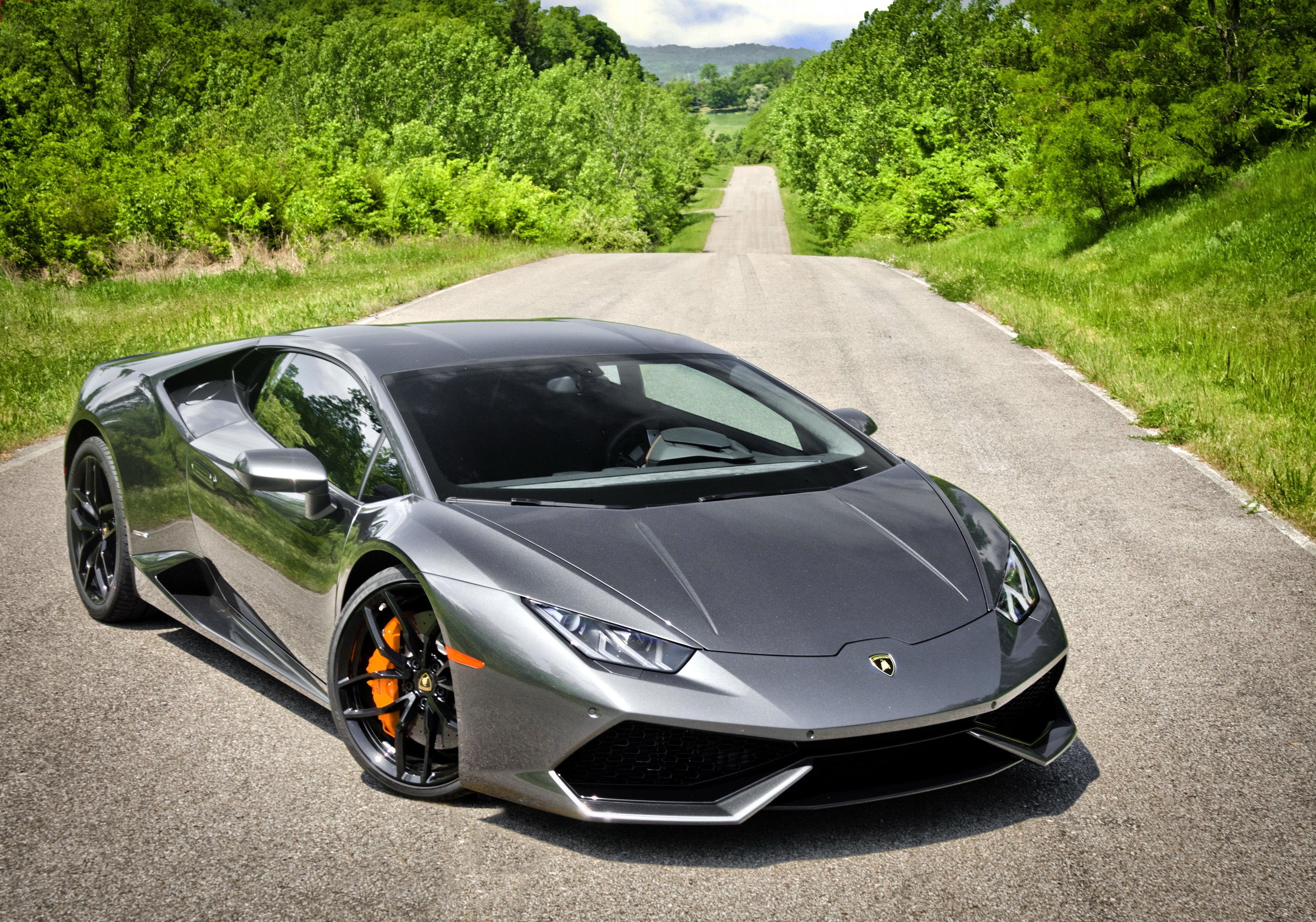 Gray Lamborghini on a country road