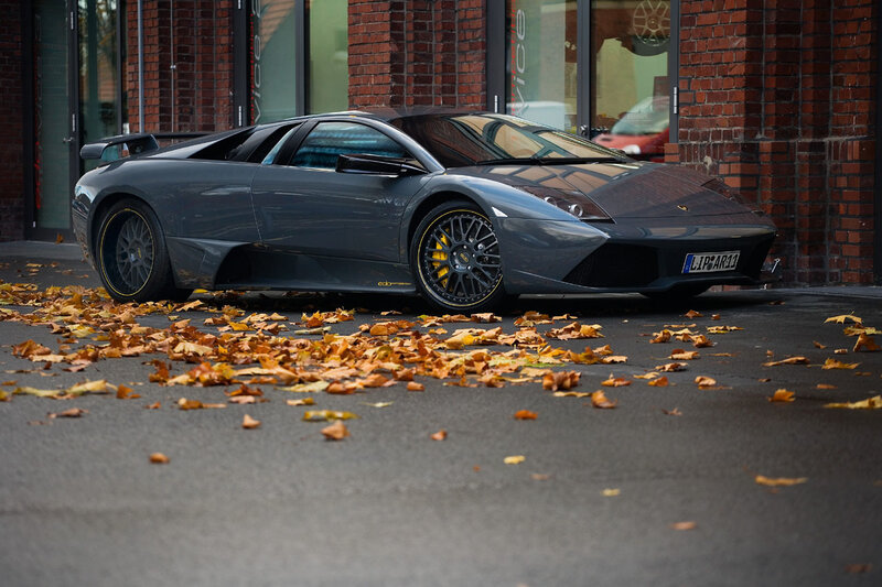 Gray Lamborghini parked on autumn leaves
