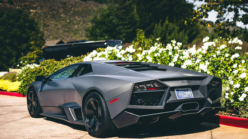 Gray Lamborghini Sports Car — Dramatic, Afternoon, Photograph, Flowers