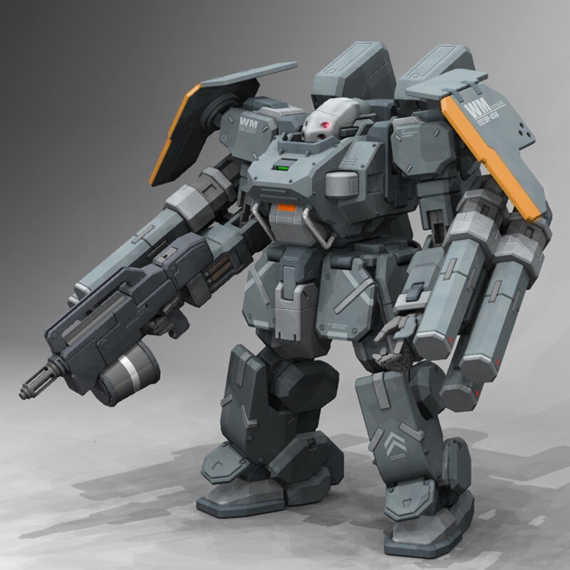 gray mech robot with weapon