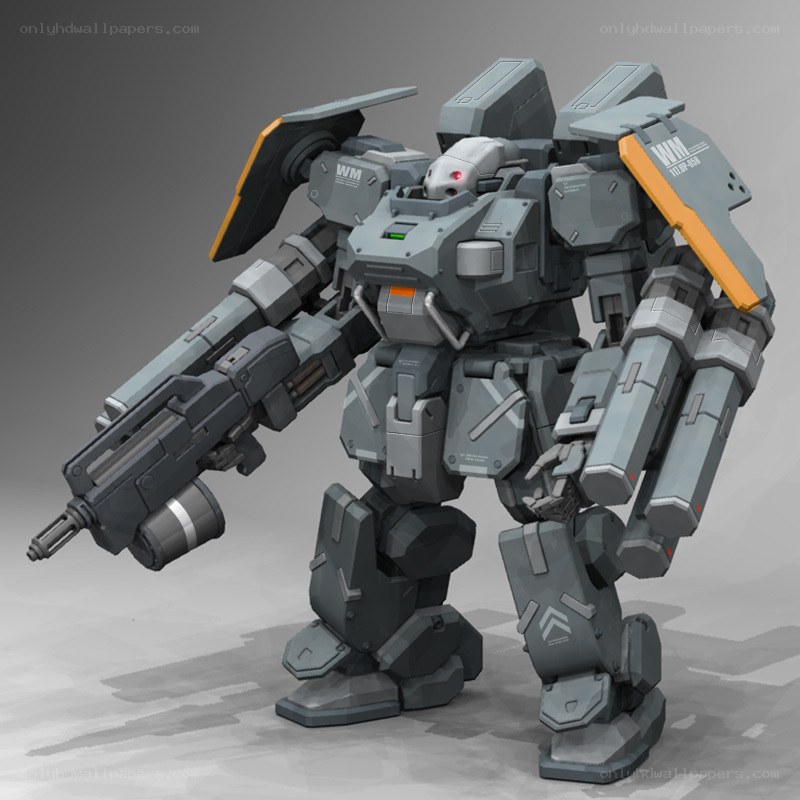 gray mech robot with weapon