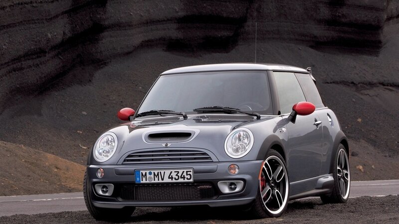 Gray Mini Cooper Car — Dramatic, Photograph, Road, Mountain, Black
