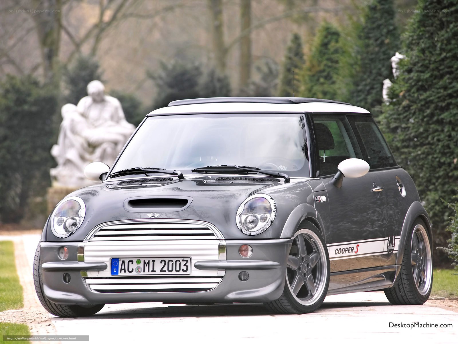 Gray Mini Cooper S parked in garden