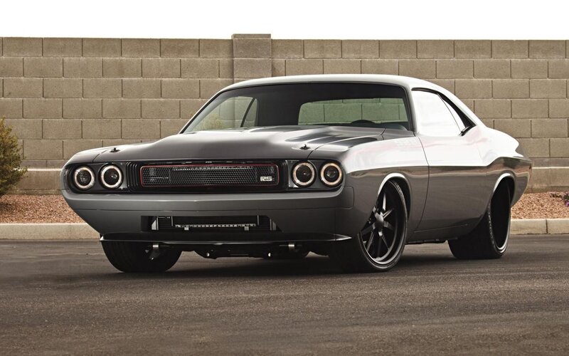 Gray Muscle Car — Calm, Afternoon, Photograph, Brick Wall, Asphalt, Black
