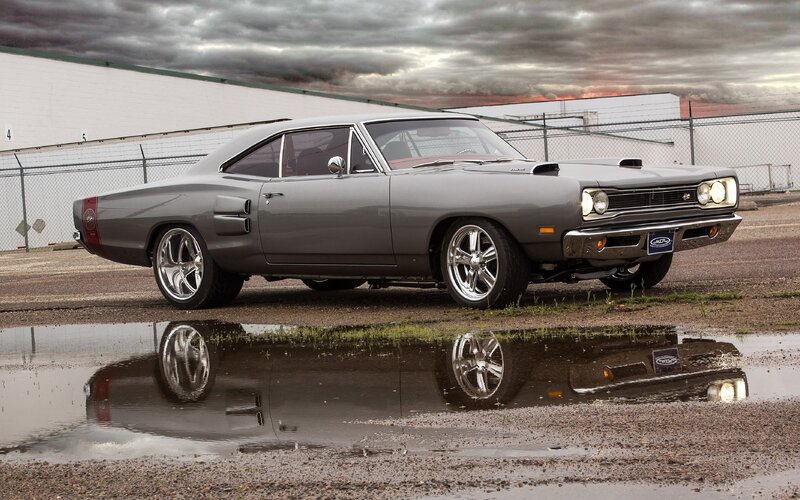 Gray Muscle Car — Dramatic, Sunset, Photograph, Puddle