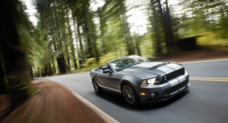 Gray Mustang convertible on forest road