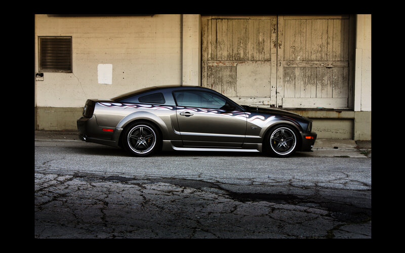 gray mustang with flame decals