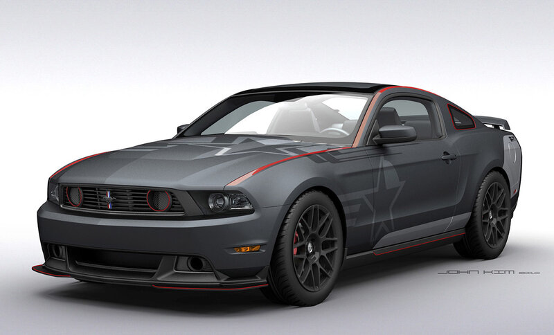 gray mustang with red accents