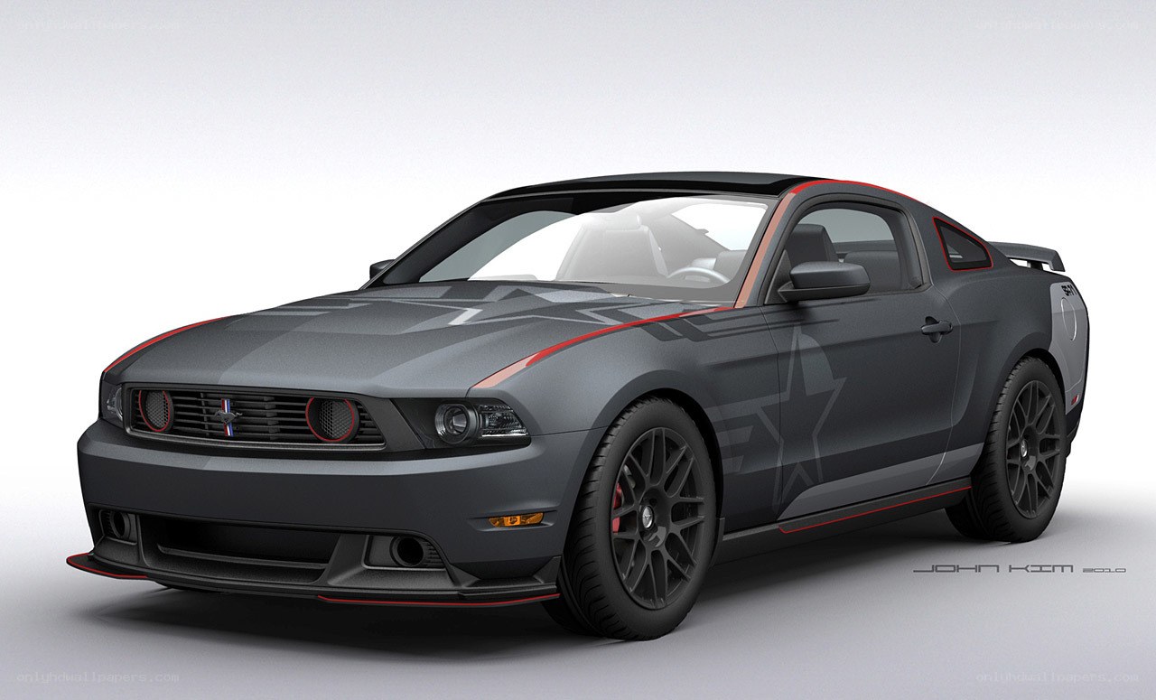 gray mustang with red accents