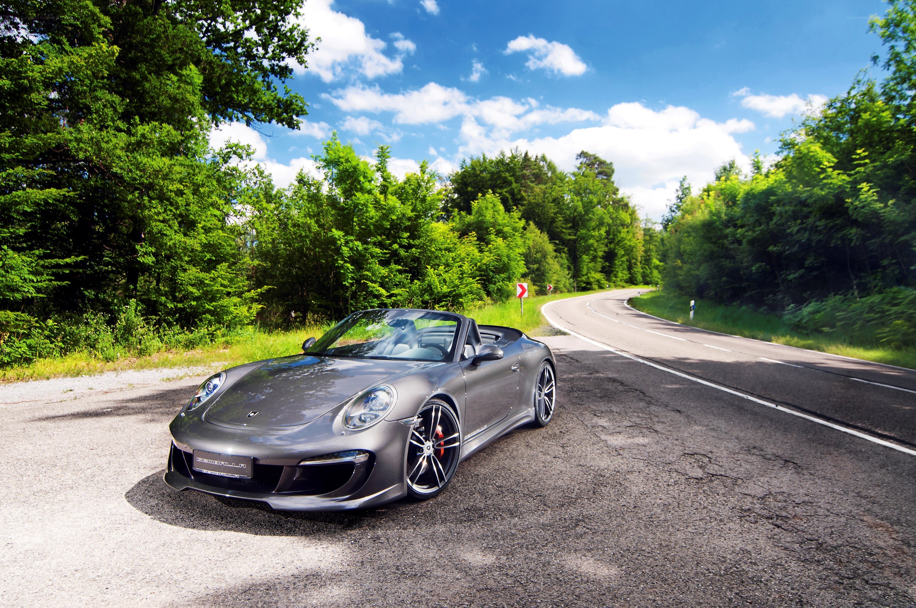 Gray Porsche on a winding road
