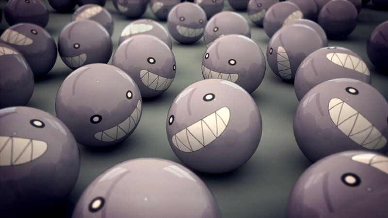 gray spheres with grinning faces