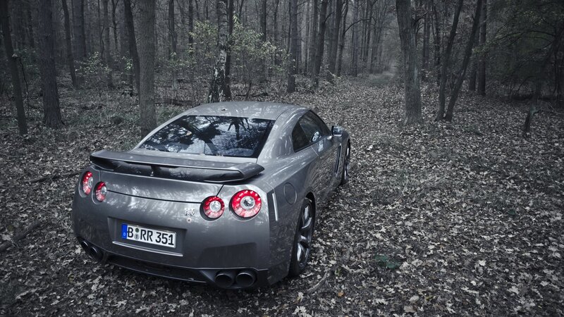 Gray Sports Car in Forest — Dramatic, Autumn, Photograph, Trees