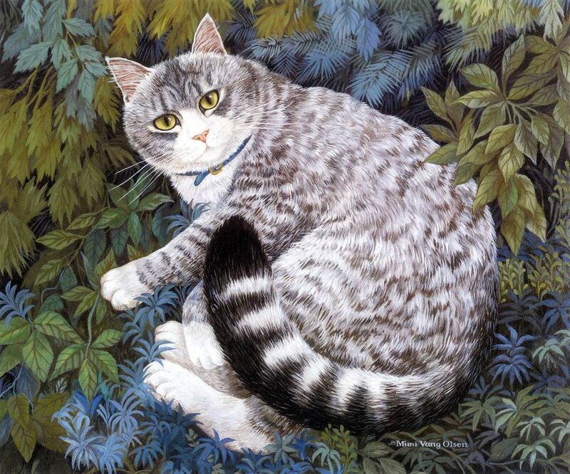 Gray Tabby Cat — Green, Calm, Illustration