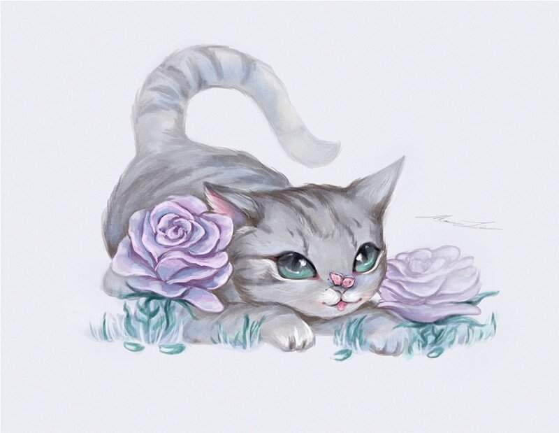Gray Tabby Cat with Roses