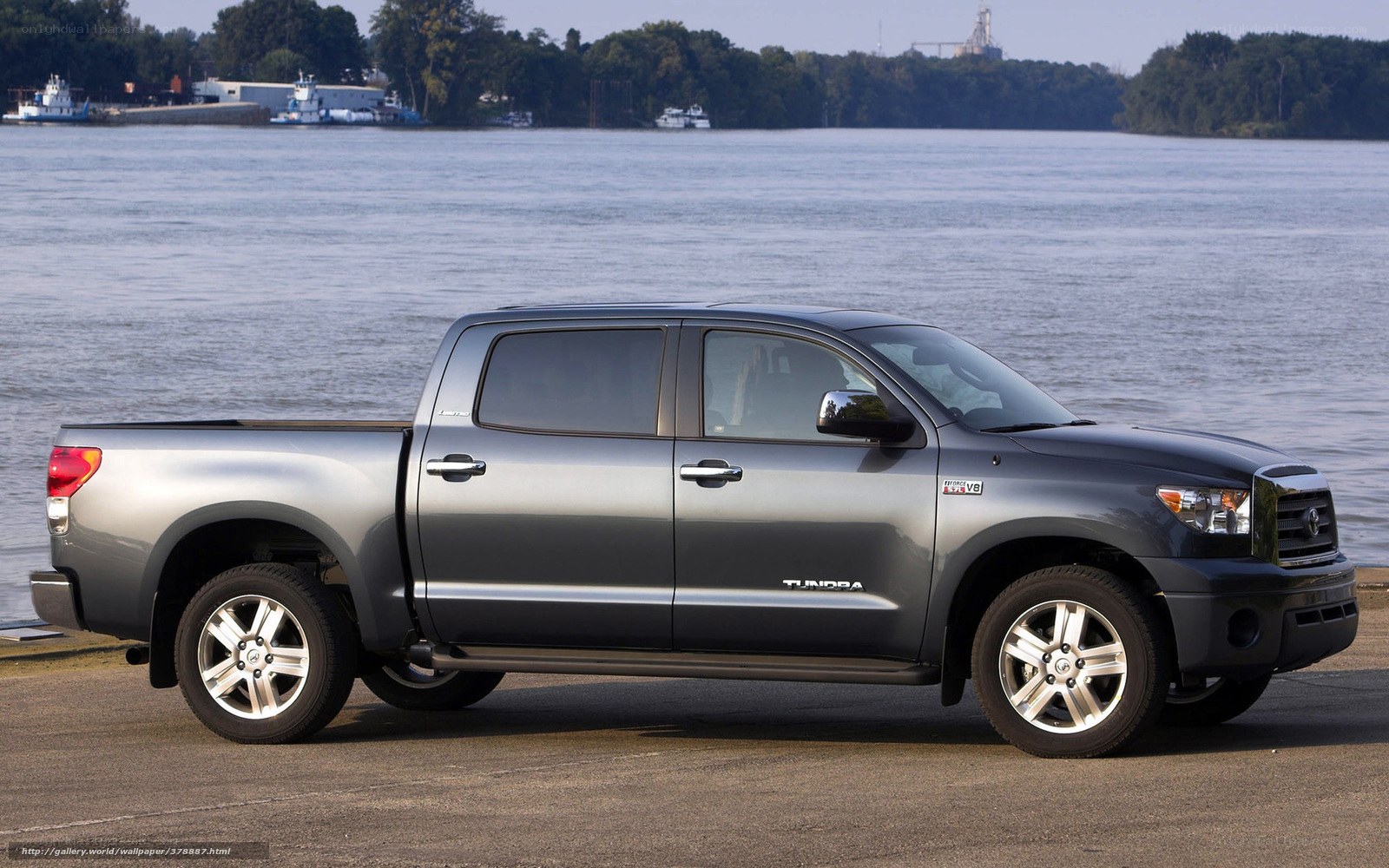 Gray Toyota Tundra by the river