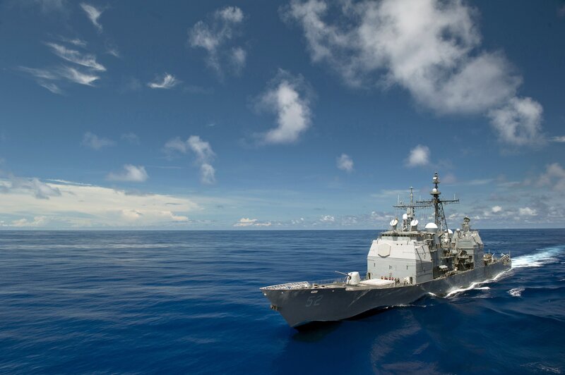 Gray Warship at Sea — Blue, Serene