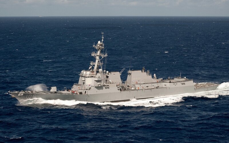 Gray Warship at Sea — Calm, Afternoon, Photograph, Ocean