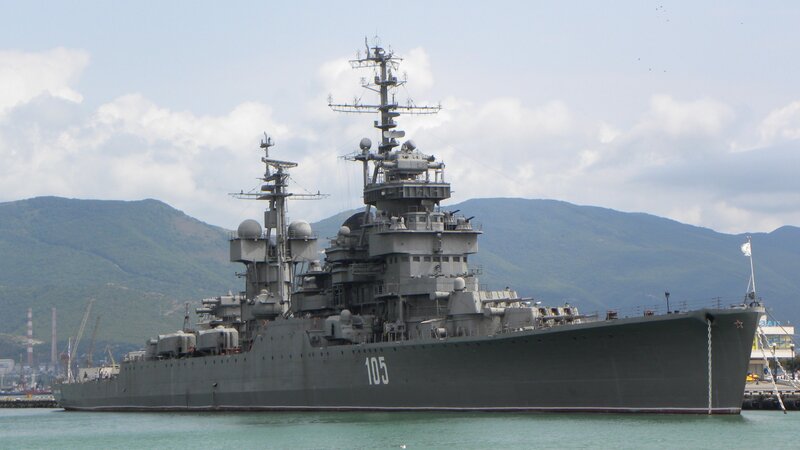 Gray Warship in Harbor — Calm