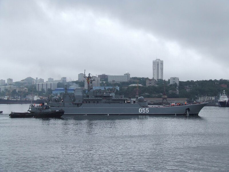 Gray Warship in Harbor — Overcast