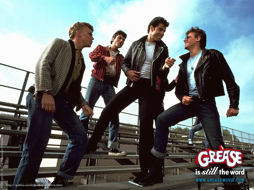 Grease movie cast on bleachers