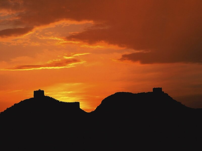 Great Wall at Sunset — Orange, Dramatic, Photograph, Mountain, Sky, Clouds