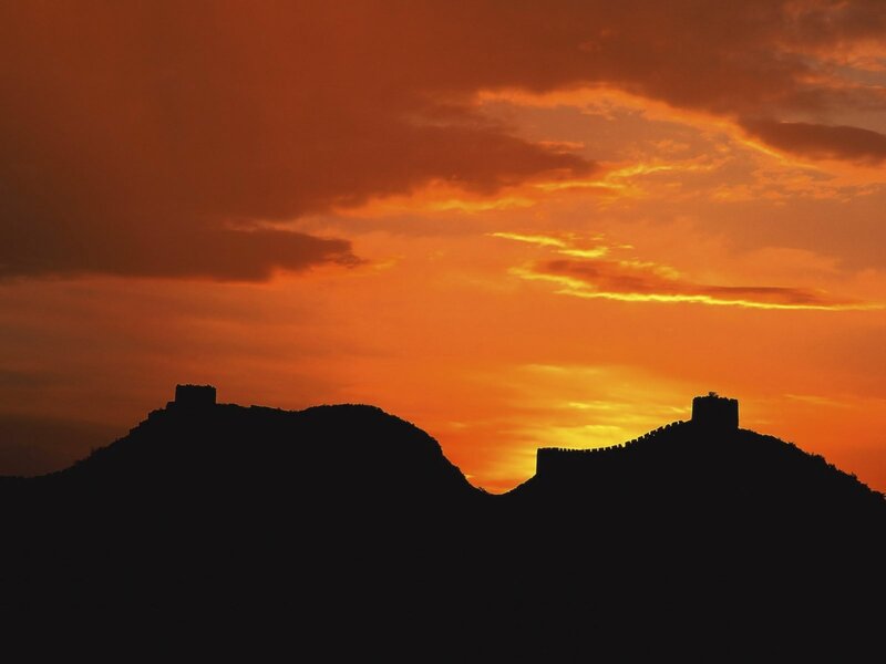 Great Wall at Sunset — Orange, Dramatic, Photograph, Mountain, Sky