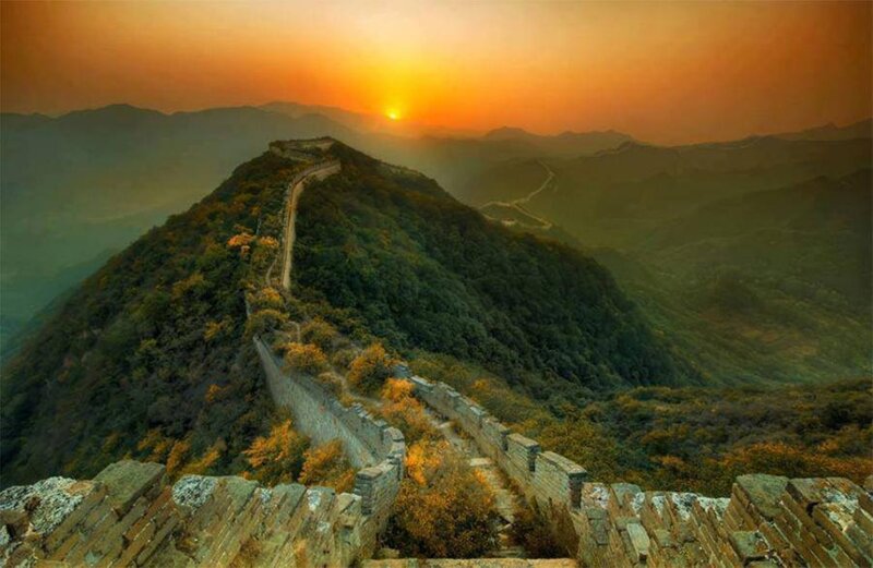 Great Wall at Sunset — Orange, Dramatic, Photograph, Mountain