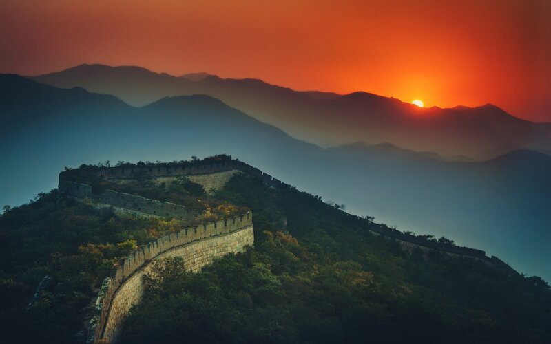 Great Wall at Sunset — Orange, Dramatic, Photograph, Mountains, Sun, Forest