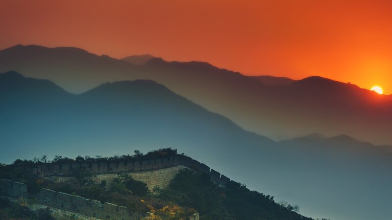 Great Wall at Sunset — Orange, Dramatic, Photograph, Mountains, Sun, Haze