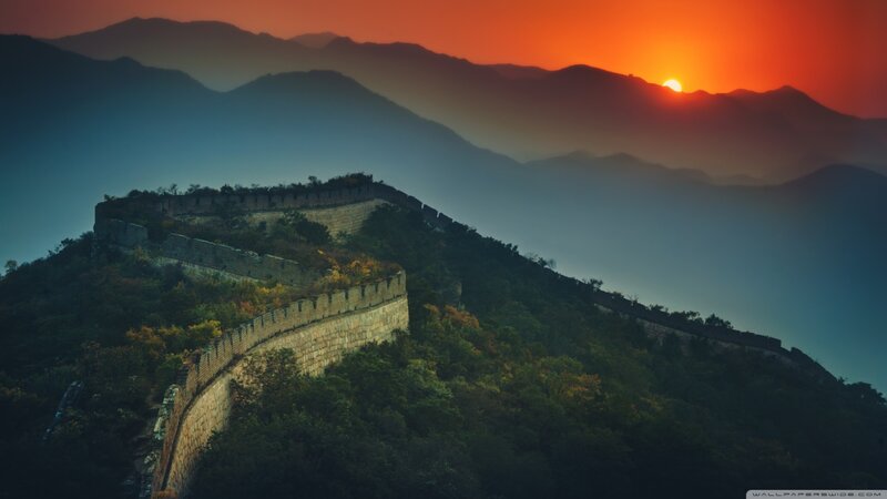 Great Wall at Sunset — Orange, Dramatic, Photograph, Mountains, Sun