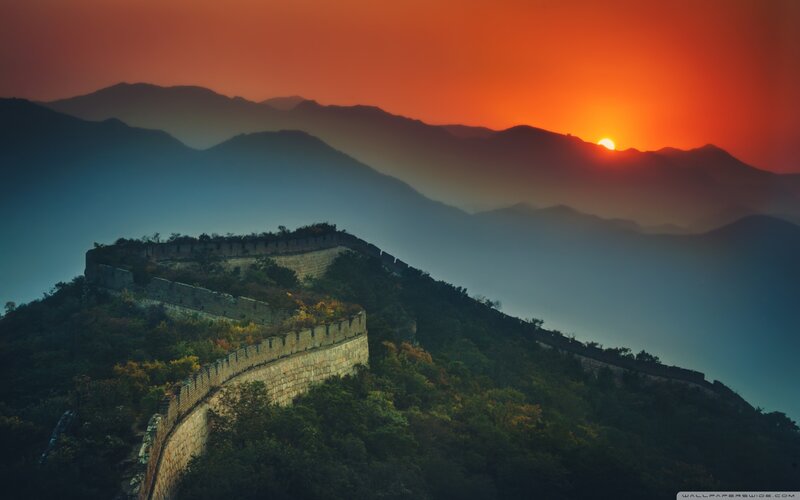 Great Wall at Sunset — Orange, Dramatic, Photograph, Mountains