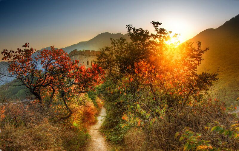 Great Wall at Sunset — Orange, Serene, Photograph, Mountain, Path