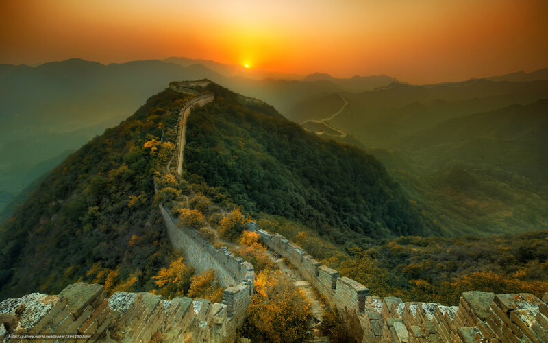 Great Wall at Sunset — Orange, Serene, Photograph, Mountain, Sun, Forest, Green, Brown